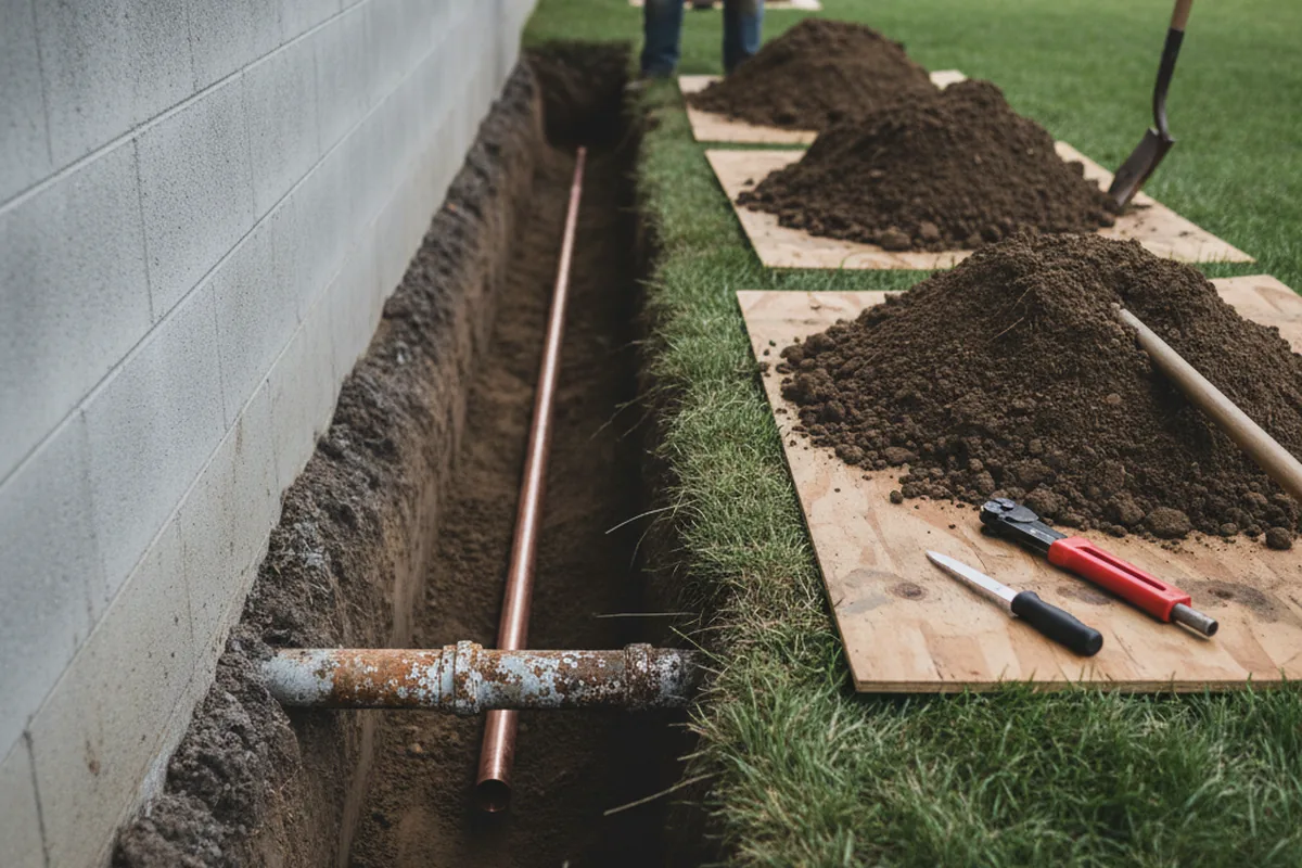 Excavated water line trench during Water Softener Installation in Rockville